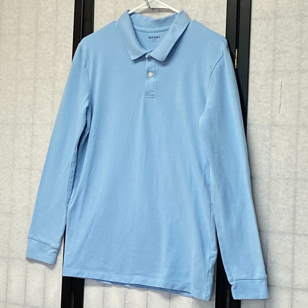 Old Navy XXL Polo Shirt Long Sleeve Two Button Stretch Knit Light Blue Uniform - Picture 4 of 11
